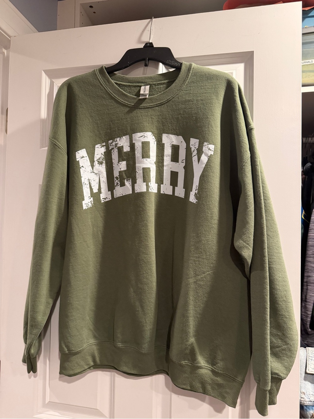 Gildan Olive Green Crewneck Sweatshirt with White MERRY Graphic